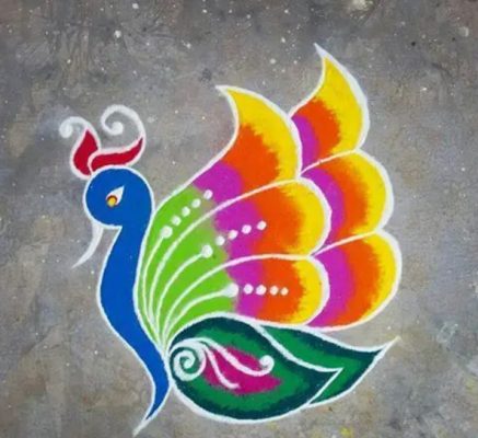 Peacock style rangoli designs with paint on floor